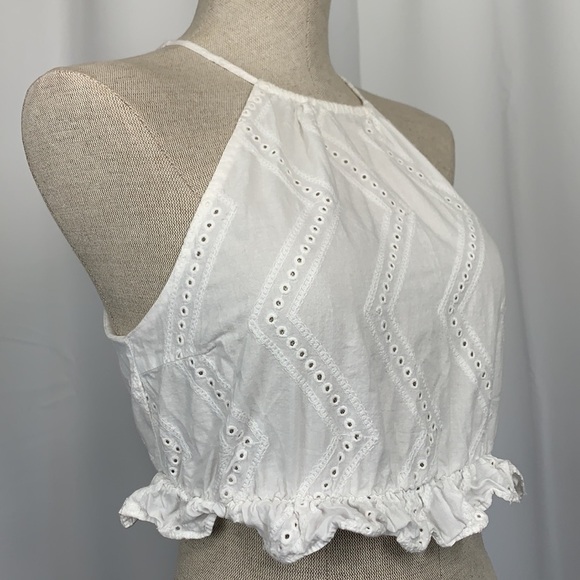 Forever 21, Eyelet Cotton Embroidered Ruffle Crop Halter Top-White, Sz S - Picture 6 of 10